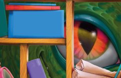 A graphic featuring a bookshelf with colorful books interspersed with rolled up papers, a magnifying glass, archaeology tools, a fossil of a shell, and a small toy dinosaur. There is a large dragon eye peeking through the shelves from behind.