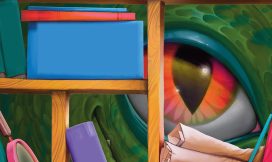 A graphic featuring a bookshelf with colorful books interspersed with rolled up papers, a magnifying glass, archaeology tools, a fossil of a shell, and a small toy dinosaur. There is a large dragon eye peeking through the shelves from behind.