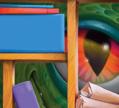 A graphic featuring a bookshelf with colorful books interspersed with rolled up papers, a magnifying glass, archaeology tools, a fossil of a shell, and a small toy dinosaur. There is a large dragon eye peeking through the shelves from behind.