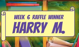 A background of colorful books on a shelf, with a yellow banner in the foreground featuring the words "WEEK 6 RAFFLE WINNER: HARRY M."